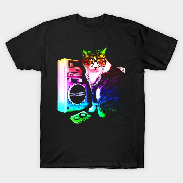 Rainbow Boombox Cat T-Shirt by robotface